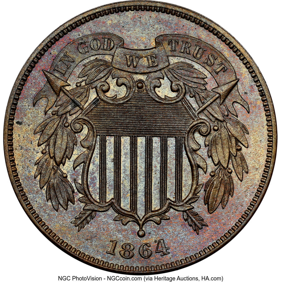image for: 1864 2C Large Motto PR66 Brown NGC. NGC Census: (5/1).  Mintage 100. ...
