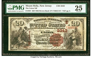 image for: Mount Holly, NJ - $20 1882 Brown Back Fr. 501 The Union National Bank Ch. # (E)2343 PMG Very Fine 25....