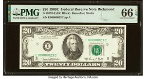 image for: Low Serial Number 23 Fr. 2070-E $20 1969C Federal Reserve Note. PMG Gem Uncirculated 66 EPQ....