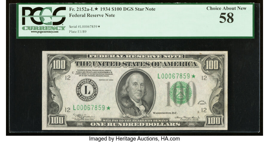 image for: Fr. 2152-L* $100 1934 Federal Reserve Star Note. PCGS Choice About New 58....