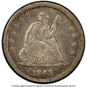 image for: 1845 25C Repunched Date, FS-301, XF45 PCGS. PCGS Population: (6/8). Mintage 922,000. ...