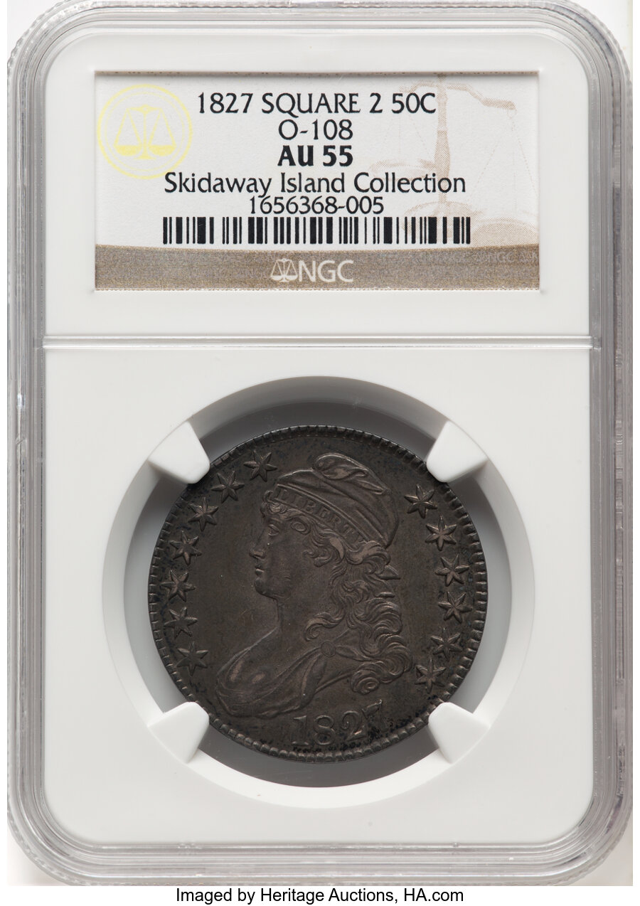 image for: 1827 50C Square Base 2, O-108a, Low R.4, AU55 NGC. Ex: Skidaway Island Collection. Although attributed as O-108, the die br...