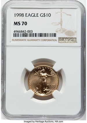 image for: 1998 $10 Quarter-Ounce Gold Eagle MS70 NGC. Mintage 309,829. ...