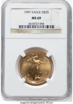 image for: 1997 $25 Half-Ounce Gold Eagle MS69 NGC. Mintage 79,605. ...
