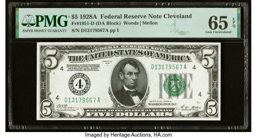 image for: Fr. 1951-D $5 1928A Federal Reserve Note. PMG Gem Uncirculated 65 EPQ....