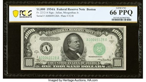 image for: Fr. 2212-A $1,000 1934A Federal Reserve Note. PCGS Banknote Gem Unc 66 PPQ....