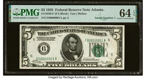 image for: Serial Number 1 Fr. 1950-F $5 1928 Federal Reserve Note. PMG Choice Uncirculated 64 EPQ....