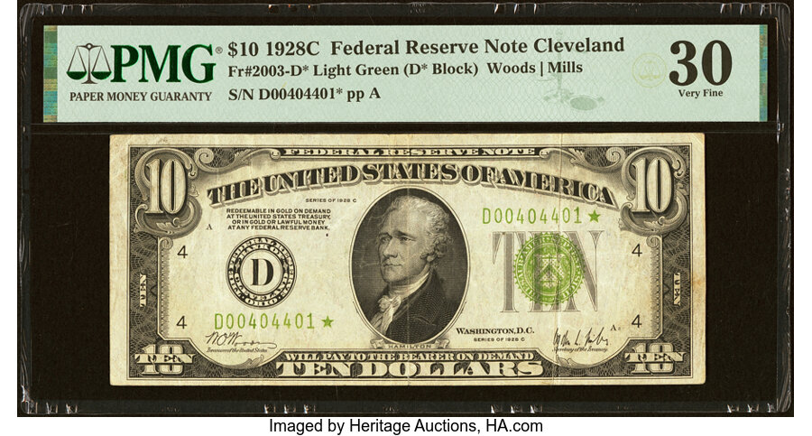 image for: Fr. 2003-D* $10 1928C Light Green Seal Federal Reserve Star Note. PMG Very Fine 30....