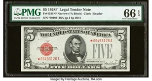 image for: Fr. 1531* $5 1928F Narrow Legal Tender Star Note. PMG Gem Uncirculated 66 EPQ....