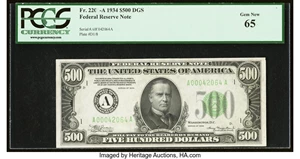 image for: Fr. 2201-A $500 1934 Federal Reserve Note. PCGS Gem New 65....