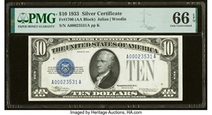 image for: Fr. 1700 $10 1933 Silver Certificate. PMG Gem Uncirculated 66 EPQ....