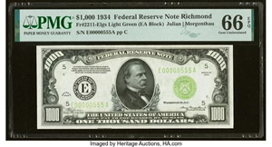 image for: Fr. 2211-E $1,000 1934 Light Green Seal Federal Reserve Note. PMG Gem Uncirculated 66 EPQ....