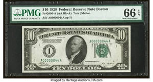 image for: Low Serial Number 44 Fr. 2000-A $10 1928 Federal Reserve Note. PMG Gem Uncirculated 66 EPQ....