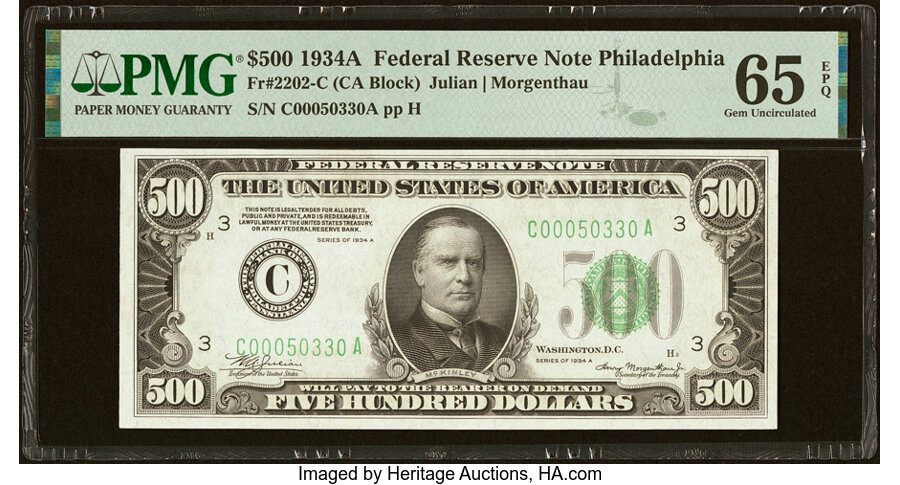 image for: Fr. 2202-C $500 1934A Federal Reserve Note. PMG Gem Uncirculated 65 EPQ....