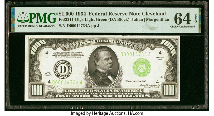image for: Fr. 2211-D $1,000 1934 Light Green Seal Federal Reserve Note. PMG Choice Uncirculated 64 EPQ....