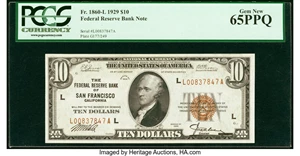 image for: Fr. 1860-L $10 1929 Federal Reserve Bank Note. PCGS Gem New 65PPQ....
