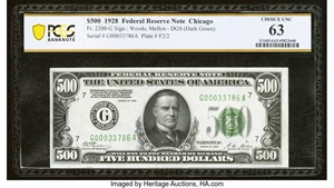 image for: Fr. 2200-G $500 1928 Federal Reserve Note. PCGS Banknote Choice Unc 63....