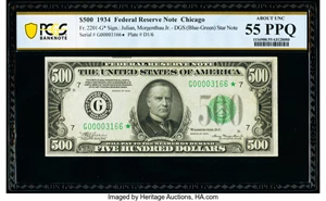 image for: Fr. 2201-G* $500 1934 Federal Reserve Star Note. PCGS Banknote About Unc 55 PPQ....