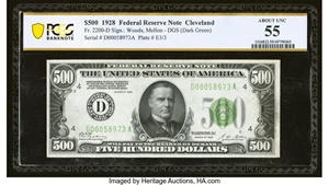 image for: Fr. 2200-D $500 1928 Federal Reserve Note. PCGS Banknote About Unc 55....