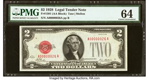 image for: Low Serial Number 26 Fr. 1501 $2 1928 Legal Tender Note. PMG Choice Uncirculated 64....