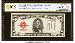 image for: Fr. 1530* $5 1928E Legal Tender Star Note. PCGS Banknote Gem Unc 66 PPQ....