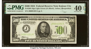 image for: Fr. 2201-J $500 1934 Light Green Seal Federal Reserve Note. PMG Extremely Fine 40 EPQ....
