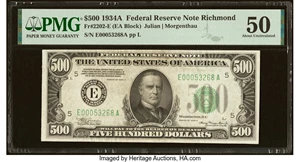 image for: Fr. 2202-E $500 1934A Federal Reserve Note. PMG About Uncirculated 50....