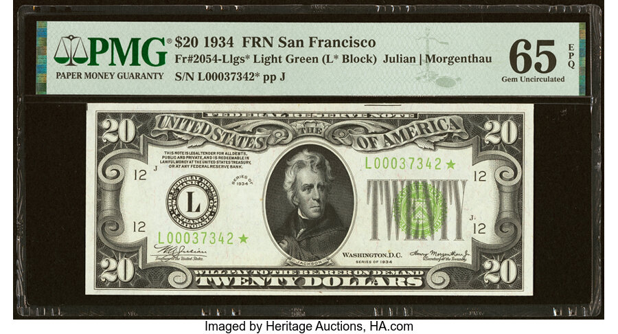 image for: Fr. 2054-L* $20 1934 Light Green Seal Federal Reserve Star Note. PMG Gem Uncirculated 65 EPQ....
