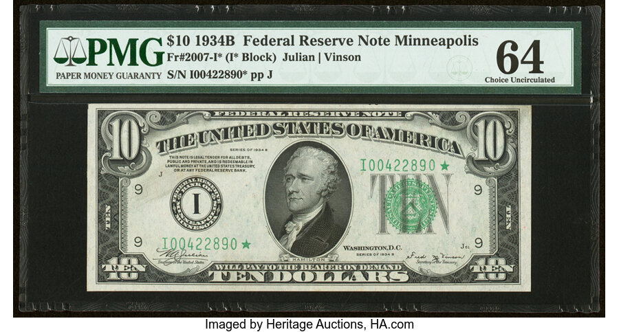 image for: Fr. 2007-I* $10 1934B Federal Reserve Star Note. PMG Choice Uncirculated 64....