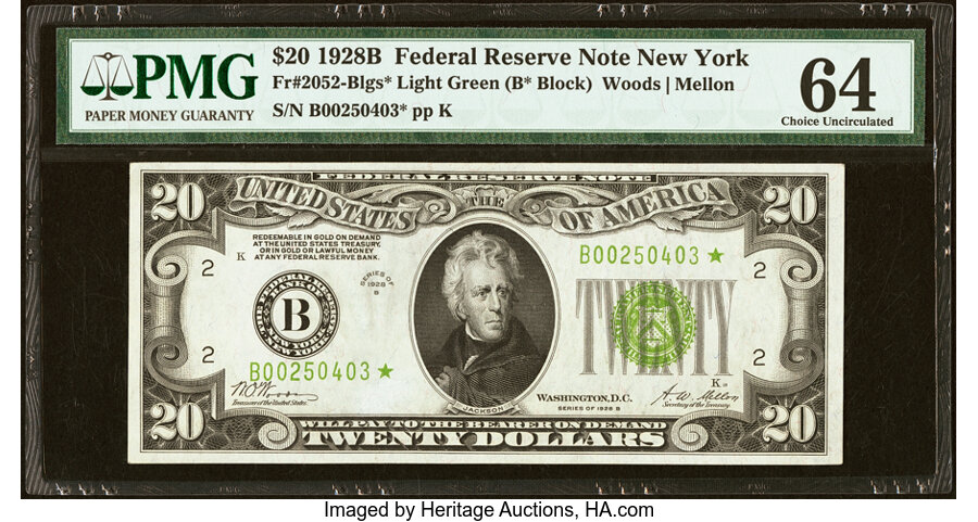 image for: Fr. 2052-B* $20 1928B Light Green Seal Federal Reserve Star Note. PMG Choice Uncirculated 64....