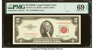 image for: Fr. 1511 $2 1953B Legal Tender Note. PMG Superb Gem Unc 69 EPQ....