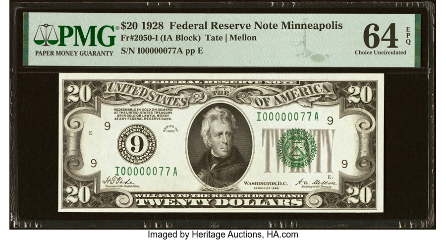 image for: Low Serial Number 77 Fr. 2050-I $20 1928 Federal Reserve Note. PMG Choice Uncirculated 64 EPQ....