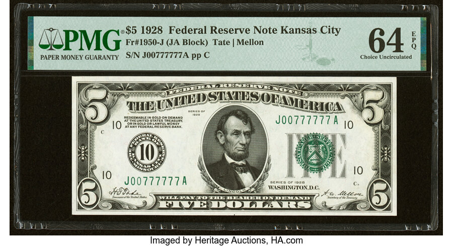 image for: Fancy Serial Number J00777777A Fr. 1950-J $5 1928 Federal Reserve Note. PMG Choice Uncirculated 64 EPQ....