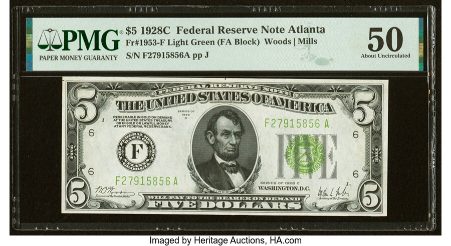 image for: Fr. 1953-F $5 1928C Light Green Seal Federal Reserve Note. PMG About Uncirculated 50....