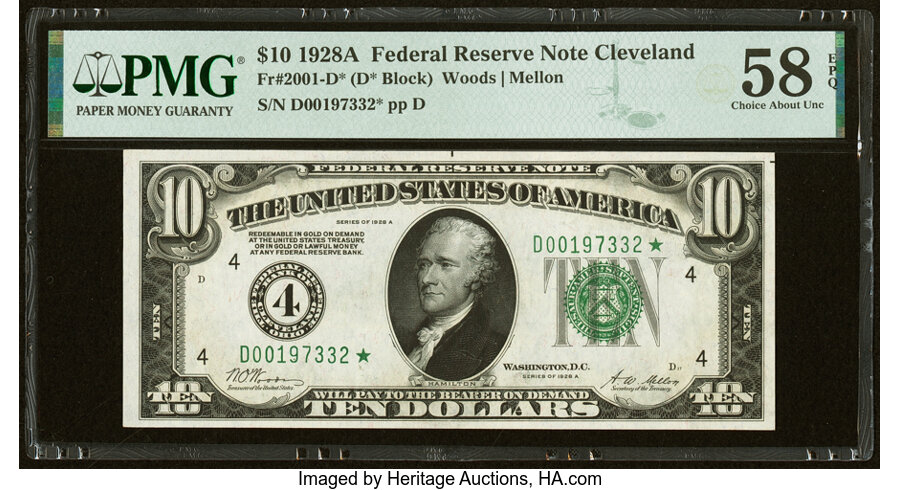 image for: Fr. 2001-D* $10 1928A Federal Reserve Star Note. PMG Choice About Unc 58 EPQ....