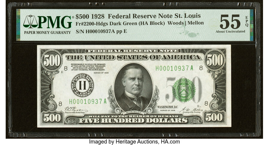 image for: Fr. 2200-H $500 1928 Federal Reserve Note. PMG About Uncirculated 55 EPQ....