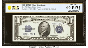 image for: Fr. 1703 $10 1934B Silver Certificate. PCGS Banknote Gem Unc 66 PPQ....