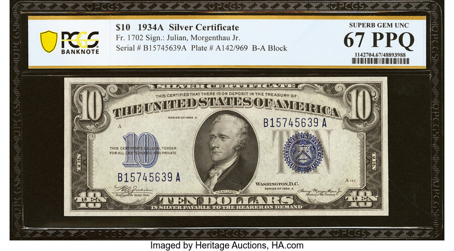 image for: Fr. 1702 $10 1934A Silver Certificate. PCGS Banknote Superb Gem Unc 67 PPQ....