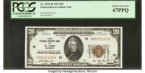 image for: Fr. 1870-H $20 1929 Federal Reserve Bank Note. PCGS Superb Gem New 67PPQ....