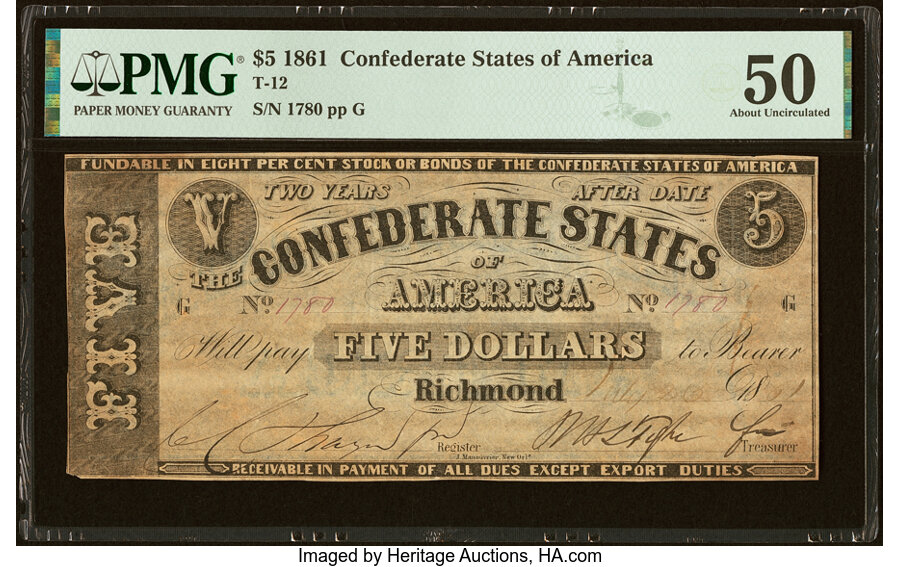 image for: T12 $5 1861 PF-1 Cr. 47 PMG About Uncirculated 50....