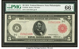 image for: Fr. 834b $5 1914 Red Seal Federal Reserve Note PMG Gem Uncirculated 66 EPQ....