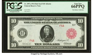image for: Fr. 897a $10 1914 Red Seal Federal Reserve Note PCGS Gem New 66PPQ....