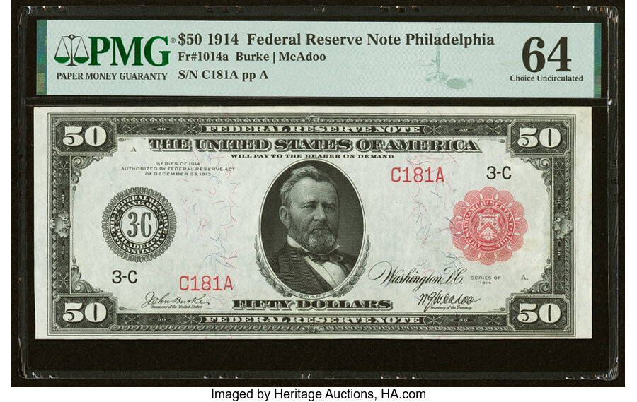 image for: Fr. 1014a $50 1914 Red Seal Federal Reserve Note PMG Choice Uncirculated 64....