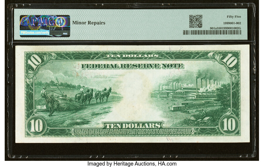 image for: Fr. 901a $10 1914 Red Seal Federal Reserve Note PMG About Uncirculated 55....