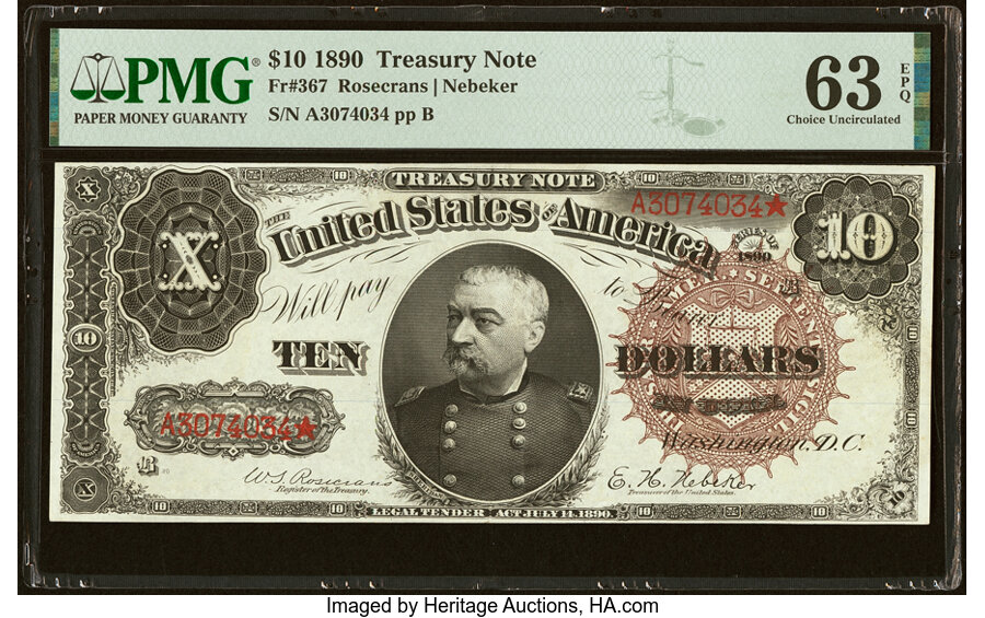 image for: Fr. 367 $10 1890 Treasury Note PMG Choice Uncirculated 63 EPQ....