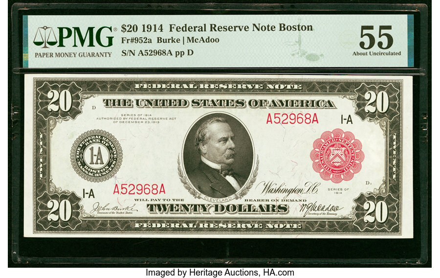 image for: Fr. 952a $20 1914 Red Seal Federal Reserve Note PMG About Uncirculated 55....