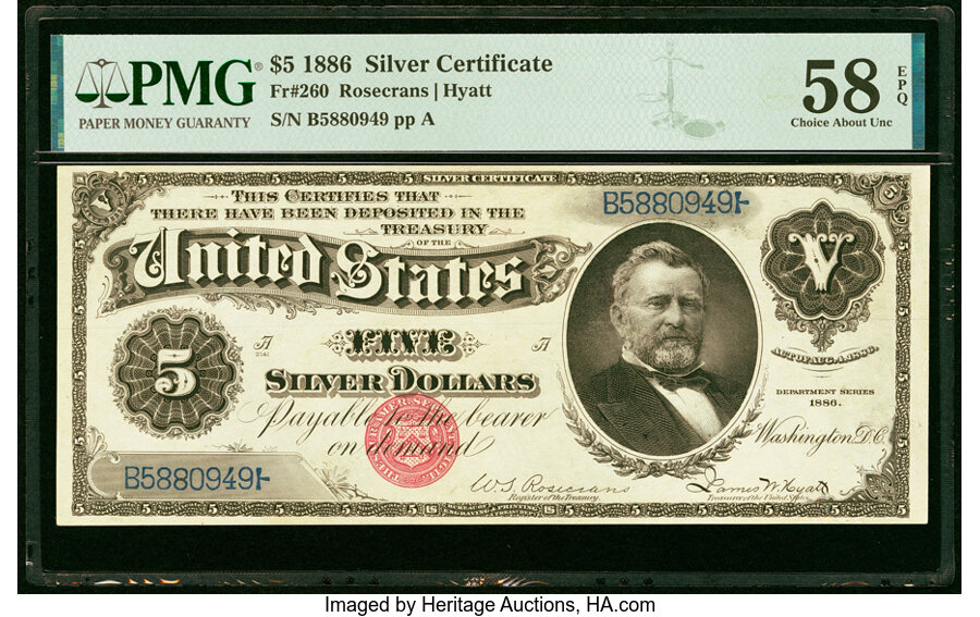 image for: Fr. 260 $5 1886 Silver Certificate PMG Choice About Unc 58 EPQ....
