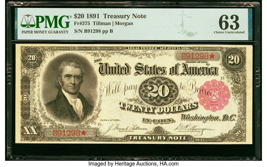 image for: Fr. 375 $20 1891 Treasury Note PMG Choice Uncirculated 63....