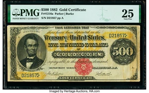 image for: Fr. 1216a $500 1882 Gold Certificate PMG Very Fine 25....