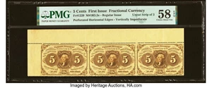 image for: Vertically Imperforate Error Fr. 1229 Milton 1R5.2e 5¢ First Issue Uncut Horizontal Strip of Three PMG Choice About Unc 58 EPQ...